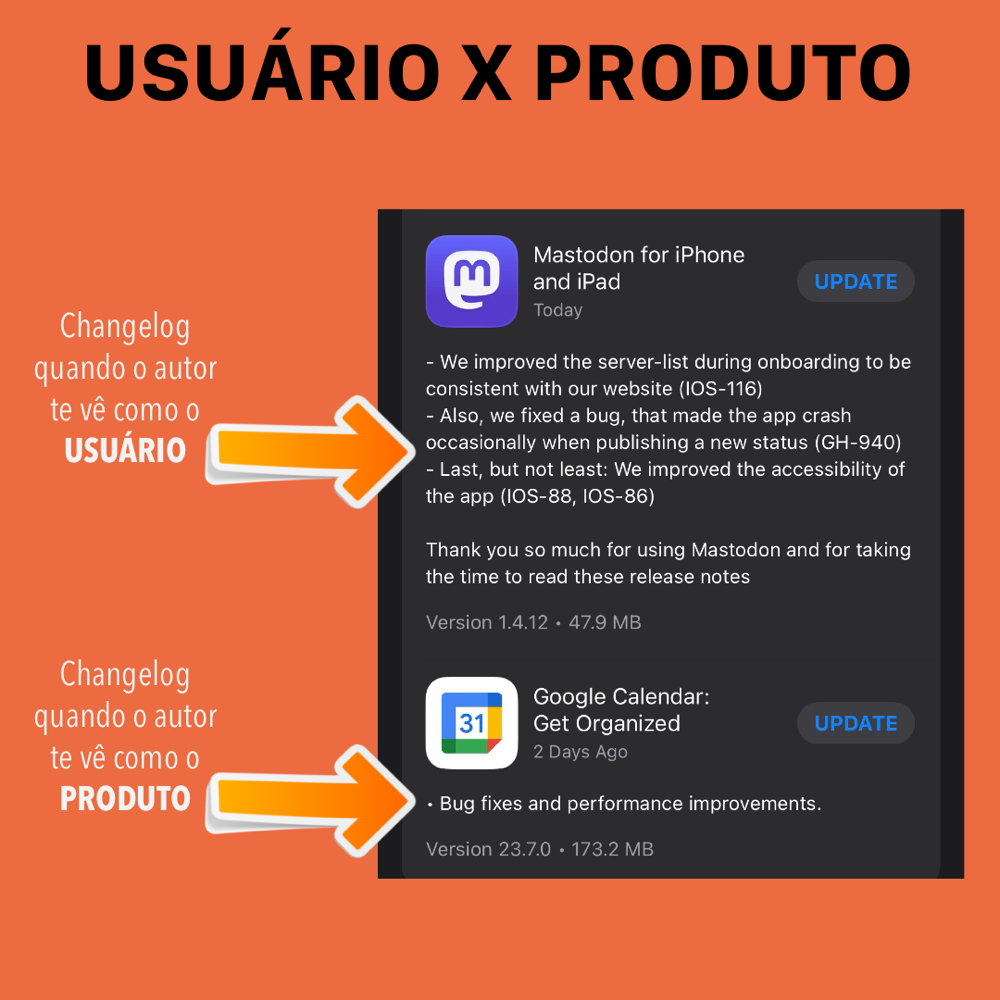 print de 2 changelogs: o de um app para Mastodon, detalhando várias mudanças desde a versão anterior, e o de um produto do Google, com apenas uma linha, dizendo simplesmente “correções e melhorias“.
