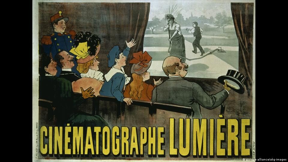 Pintura em estilo cartaz de cinema, alusiva aos irmãos Lumière