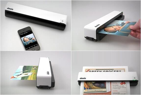 Quatro imagens de um scanner portátil Doxie Go em ação
