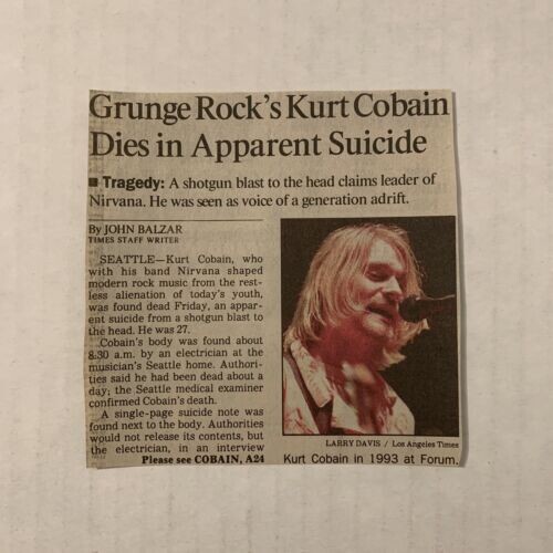 Recorte de jornal da época com a manchete “Grunge rock's Kurt Cobain dies in apparent suicide“
