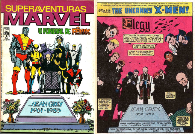 Capa da revista e cena inicial da história em quadrinhos, com os X-Men reunidos ao redor da lápide da Fênix.