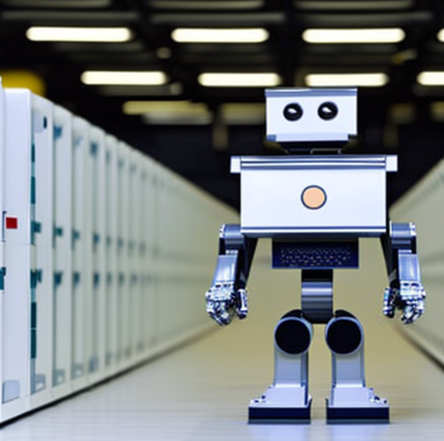 Ilustração de um robô numa sala de servidores