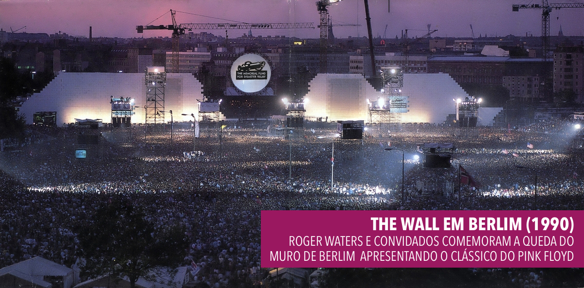Foto do público do show The Wall em Berlim, com a legenda: <br><br>THe wall em berlim (1990)<br>roger waters e convidados comemoram a queda do <br>muro de berlim  apresentando o clássico do pink floyd