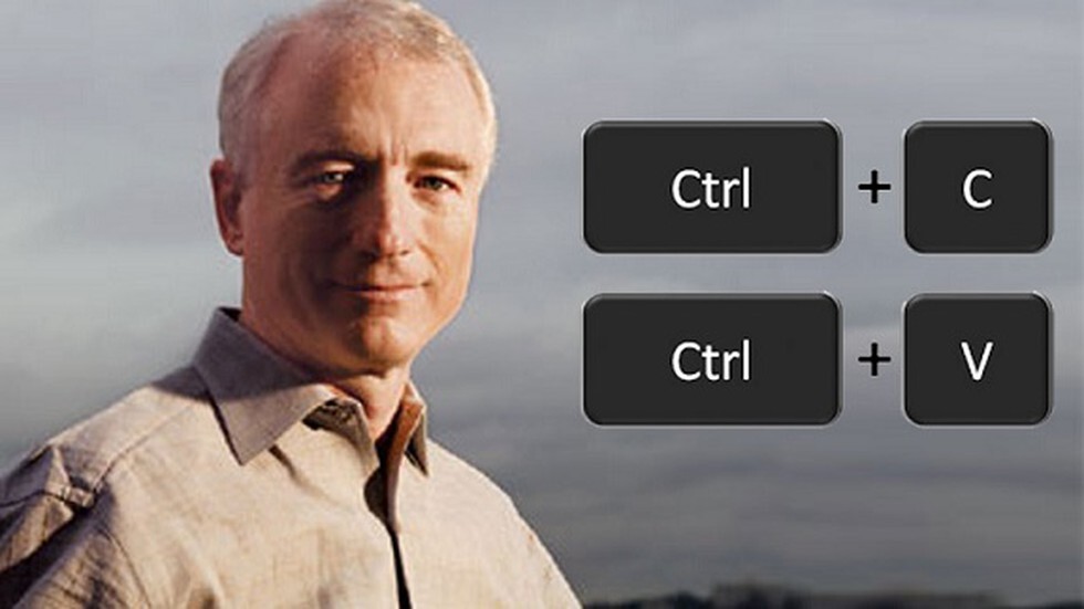 Foto de Larry Tesler e as combinações de teclas Ctrl+C e Ctrl+V