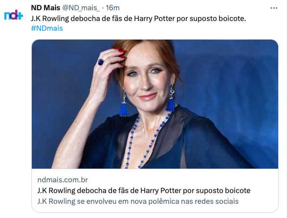 Matéria de jornal local com o título 'j. k. rowling debocha de fãs de Harry Potter por suposto boicote“