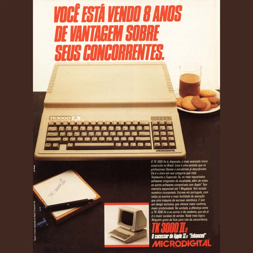 Anúncio do TK3000 IIe de revista da época, com o título: Você está vendo 8 anos de vantagem sobre os concorrentes