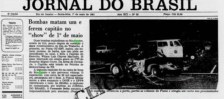 Capa do Jornal do Brasil noticiando a explosão, até o limite em que a censura permitia.