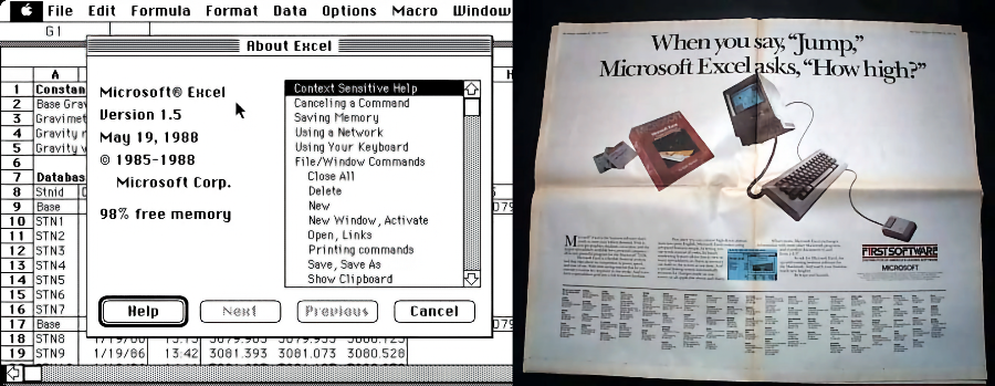 Montagem de uma tela do Excel para Mac (versão 1.5) e de um anúncio da Microsoft na época