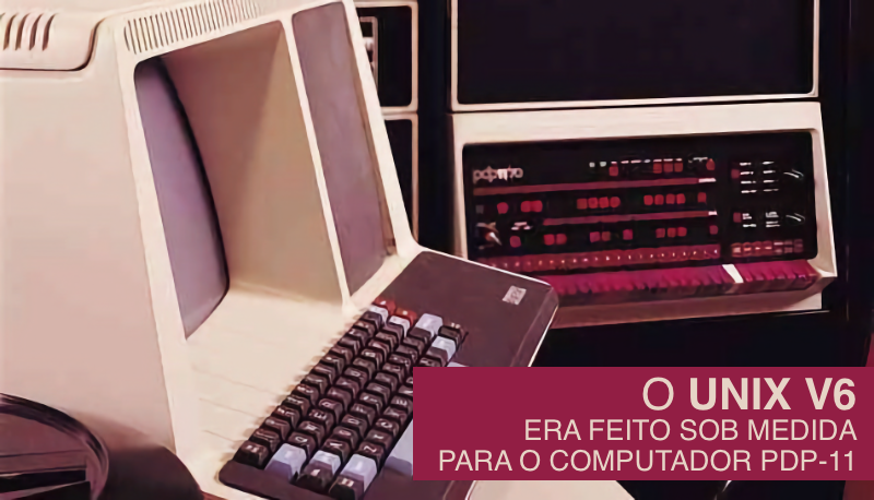 Foto de um terminal e do painel frontal de um PDP-11, para o qual o Unix V6 era feito sob medida