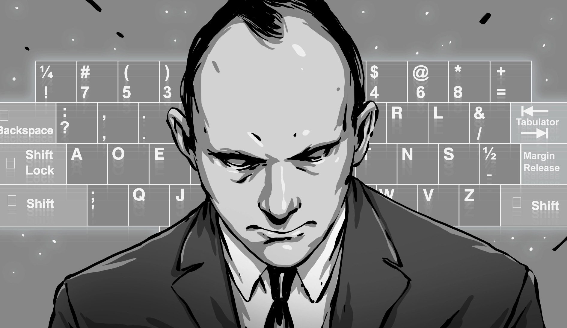 Arte mostrando August Dvorak e seu teclado ao fundo