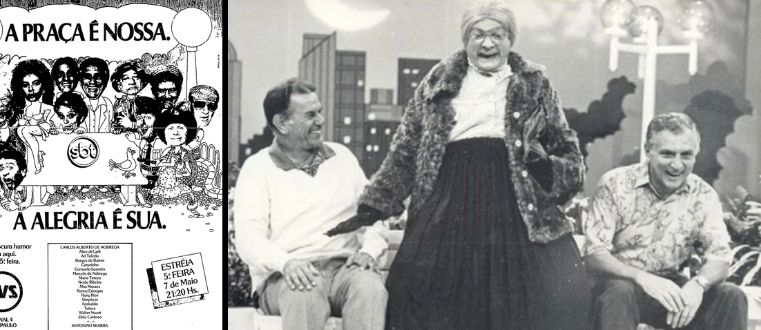 Montagem com anuncio de estreia e cena da Praça com o personagem “velha surda“