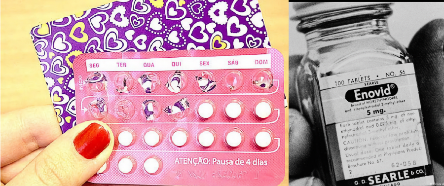 Montagem de uma cartela de pílulas modernas e a foto em preto e branco do vidro das primeiras pílulas