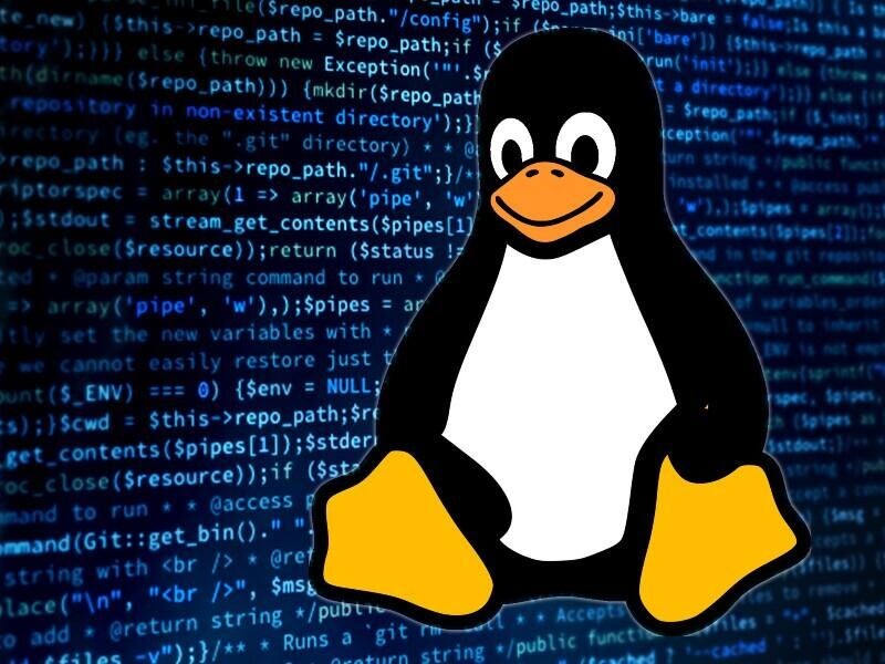 Tux, o pinguim, sobre um fundo de códigos