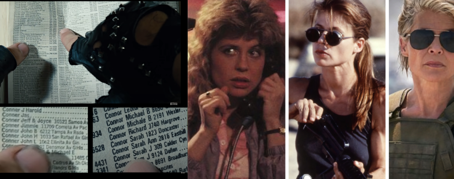 Detalhes da cena da busca pelo nome Sarah Connor em uma lista telefônica, e de 3 fases da personagem Sarah Connor na franquia