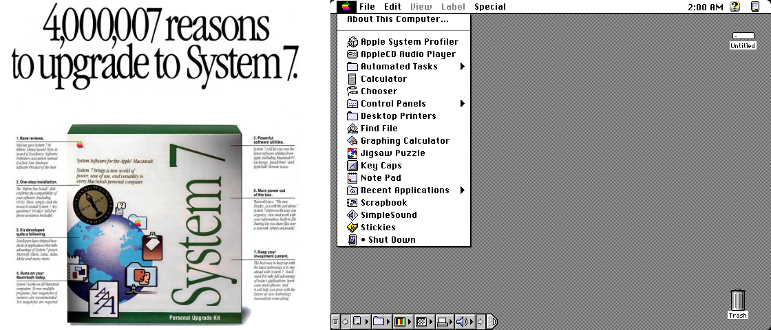 Anúncio e tela do System 7