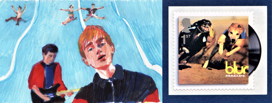 Pintura inspirada no vídeo de Girls & Boys, e o selo postal com a capa do disco