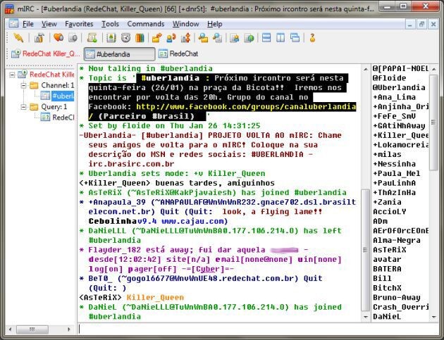 Tela do mIRC mostrando o canal #Uberlandia