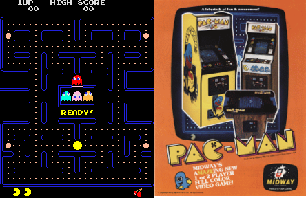 Montagem com a tela e um flyer do jogo Pac-Man dos fliperamas