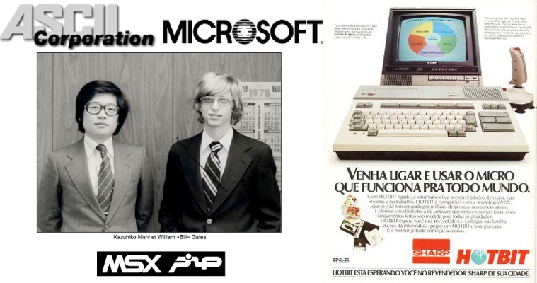 Montagem com foto dos CEOs da ASCII e da Microsoft, nos anos 70, e anúncio do MSX Hotbit, nos anos 80