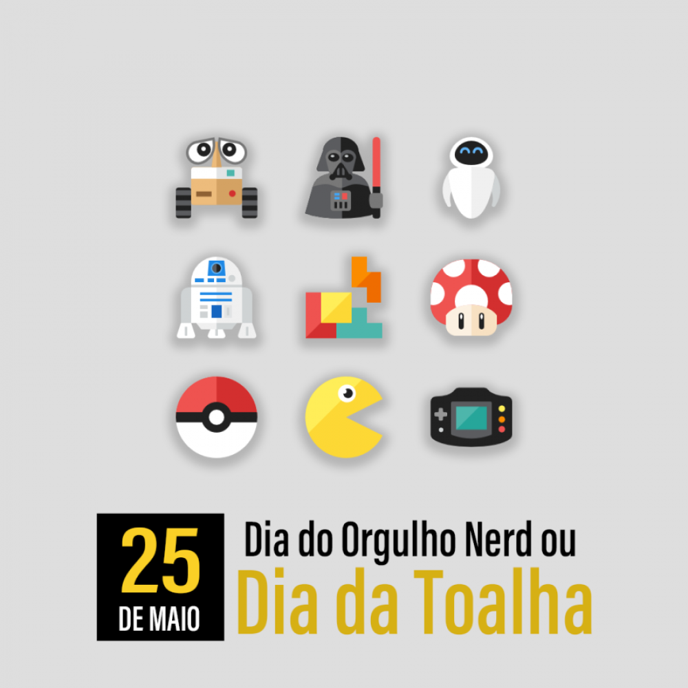 Banner do Dia do Orgulho Nerd com alusões a RD-D2, Tetris, Pokemon, Mario, Pac-Man e mais