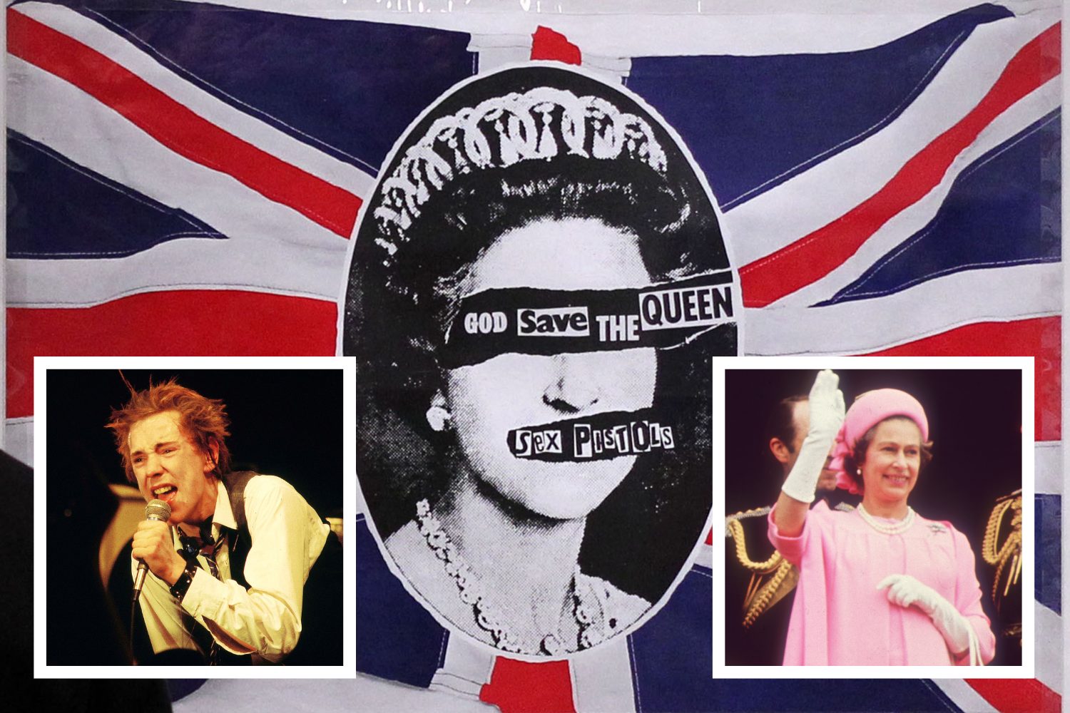 Montagem com a capa do single e fotos do vocalista do Sex Pistols e da Rainha Elisabeth II