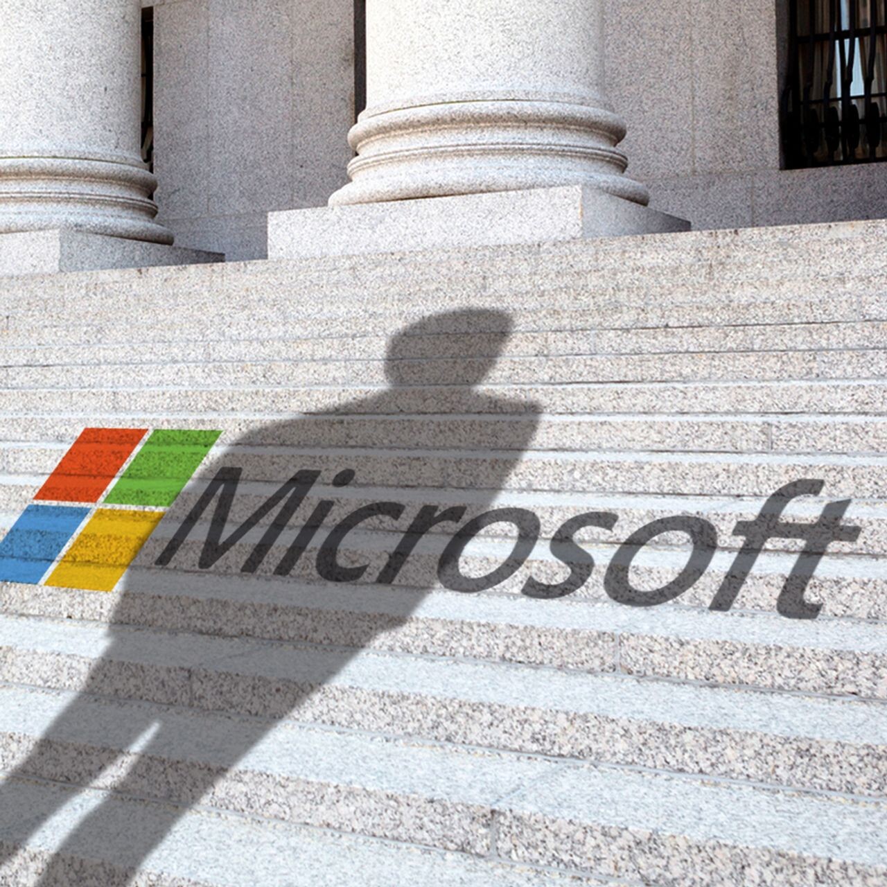 Interpretação artística de uma sombra se projetando sobre o logo da Microsoft na escada de um tribunal