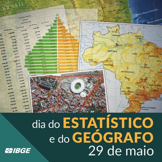 Banner do IBGE comemorando a data, com imagens de mapas e de gráficos estatísticos
