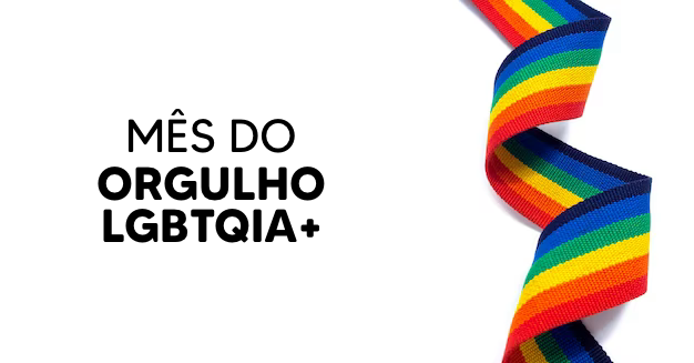Banner do mês do orgulho LGBTQIA+ com uma faixa nas cores do arcoíris