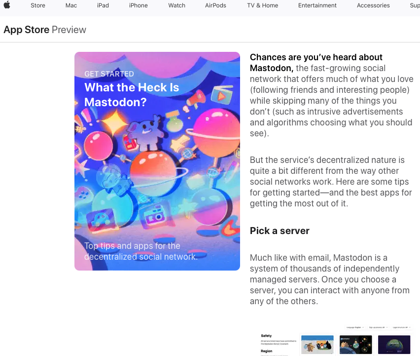 Print do conteúdo do link incluído no texto do post acima., descrevendo o Mastodon para recém-chegados