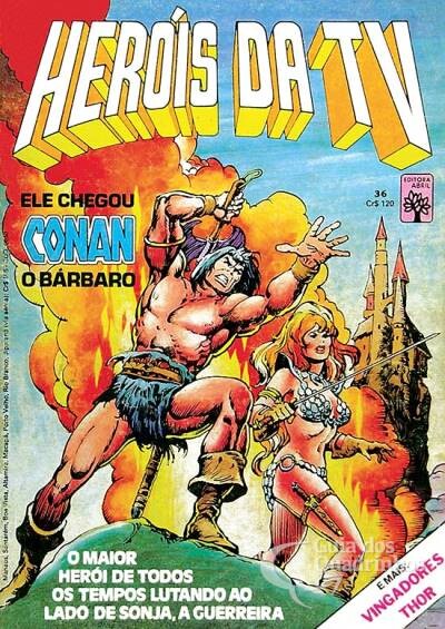 Capa da Herois da TV n. 36 com Conan e Sonja e, num cantinho, menção a Thor e Vingadores