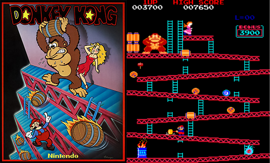 Folheto e tela do Donkey Kong nos fliperamas