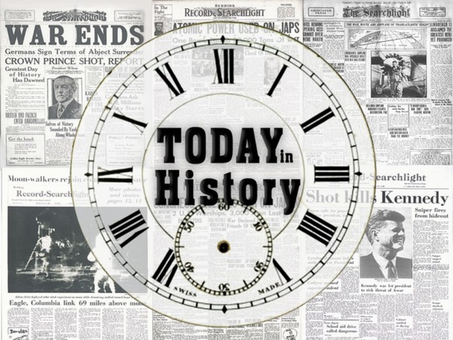 Vinheta “Today in History“ em um relógio antigo cercado de capas de jornal