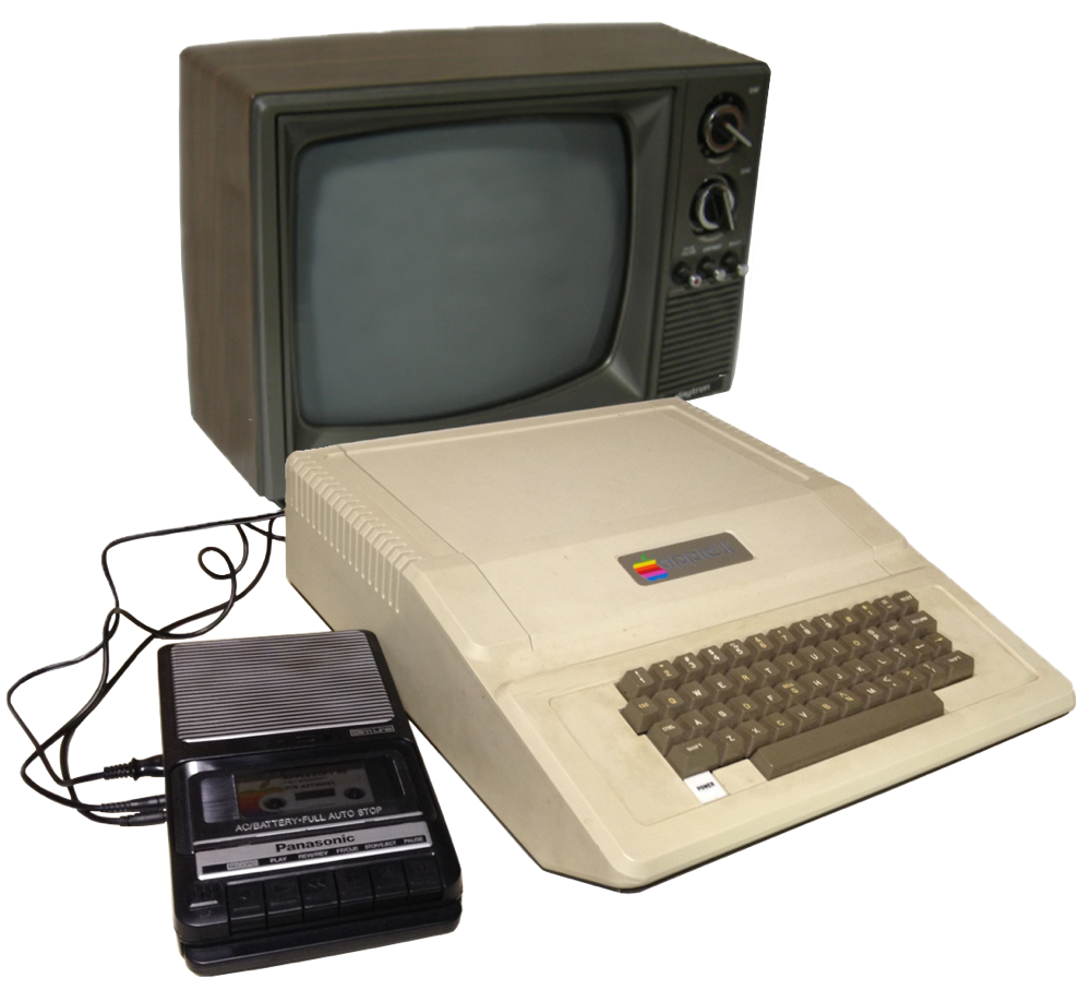 Um Apple II conectado a uma TV e a um gravador de fita