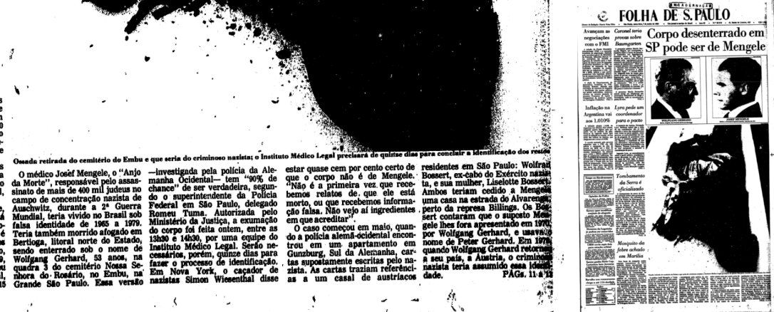 Fragmento e capa da Folha de SP do dia seguinte à exumação