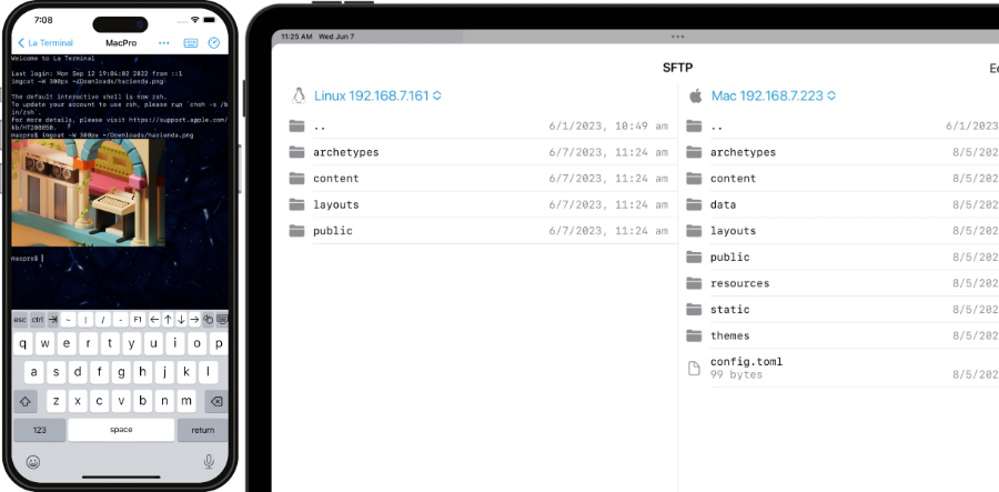 tela do terminal do iPhone, e do gerenciador de arquivos num iPad