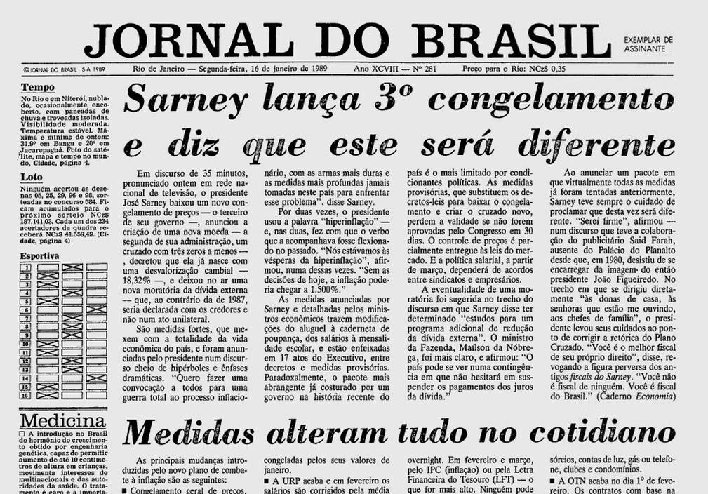 Manchete do Jornal do Brasil: Sarney lança 3º congelamento e diz que este será diferente