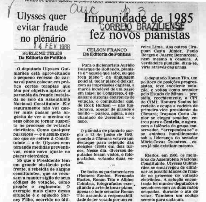 Clipping de jornais no site do Senado, com matérias explicando a origem do termo 'pianista de plenário'