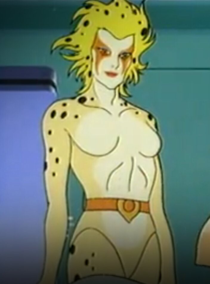 Cheetara dos Thundercats, do início da série, de cinto e possivelmente com um maiô desenhado por M. C. Escher