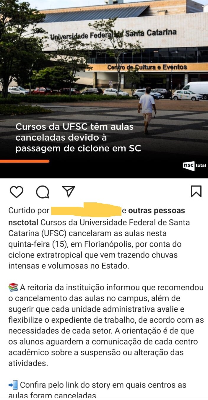 Notícia: “Cursos da UFSC têm aulas canceladas devido à passagem de ciclone em SC“