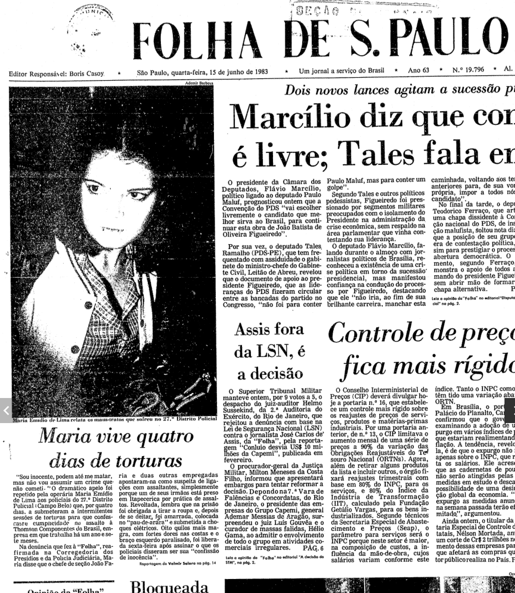 Capa da Folha com foto em destaque de uma jovem, e o título da matéria: “Maria vive quatro dias de torturas“