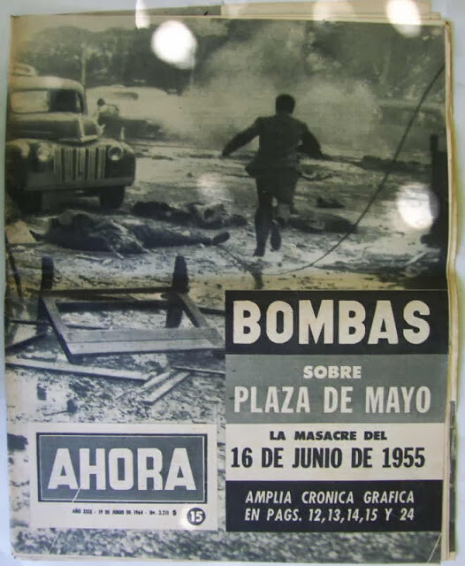 Capa da revista Ahora sobre o Massacre de 16 de Junho, com foto de homem de roupas civis correndo entre corpos queimados e destroços.