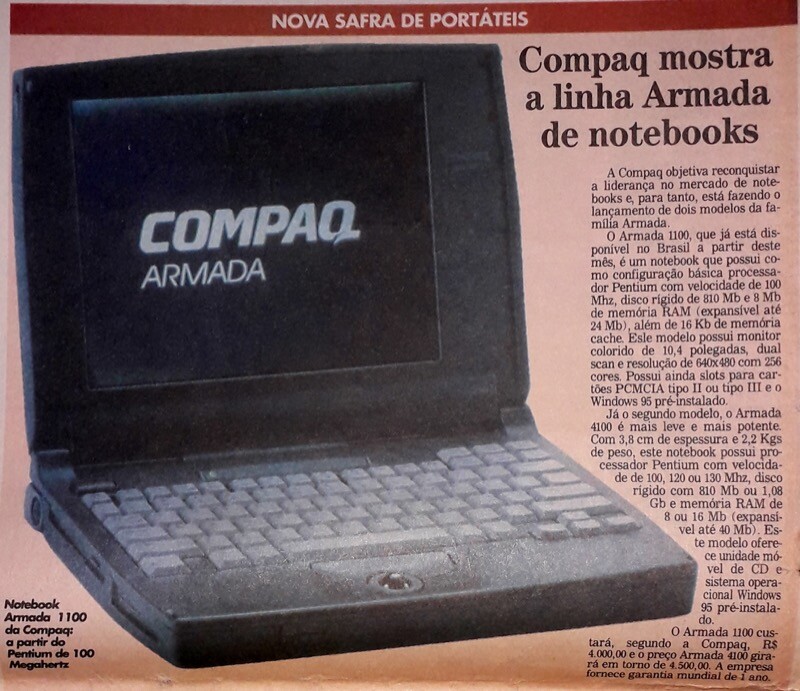 Foto de um Armada 1100 em matéria de revista: “Compaq mostra a linha Armada de notebooks“