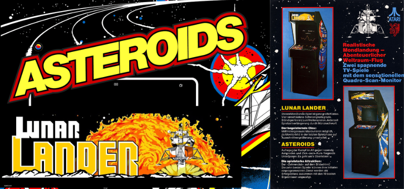 Montagem com as artes das duas máquinas de fliperama e um folder comercial delas