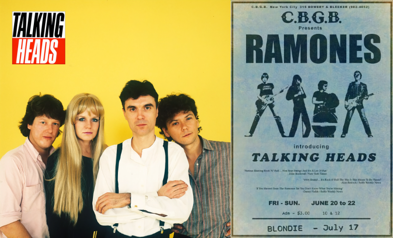 Foto promocional dos integrantes do Talking Heads, e cartaz do show da estreia no CBGB