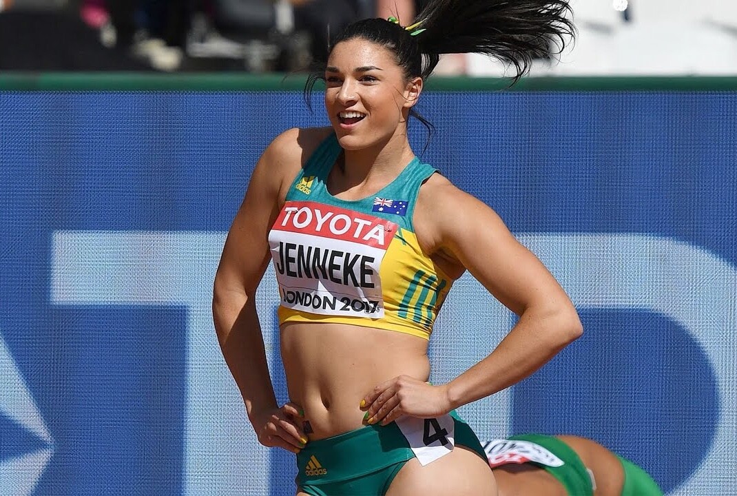 Michelle Jenneke em sua rotina de aquecimento