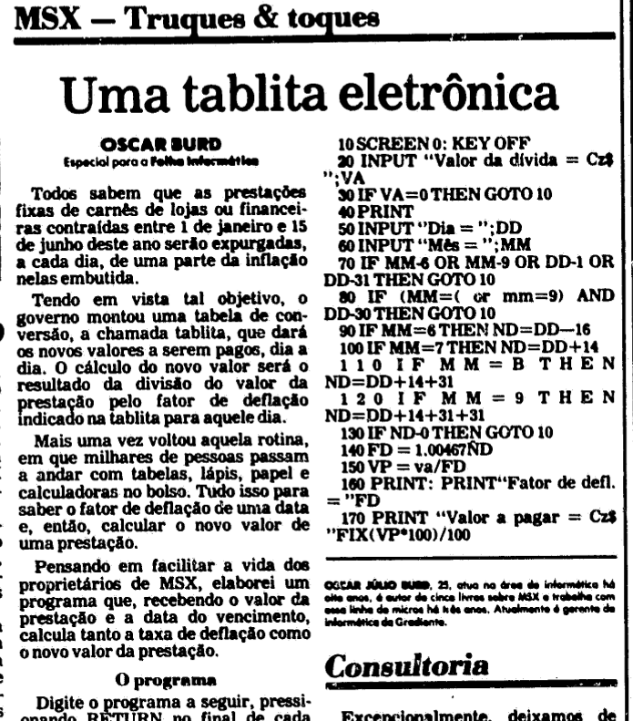 Matéria da Folha, com o título “Uma Tablita Eletrônica“ e incluindo listagem de 17 linhas em BASIC para MSX