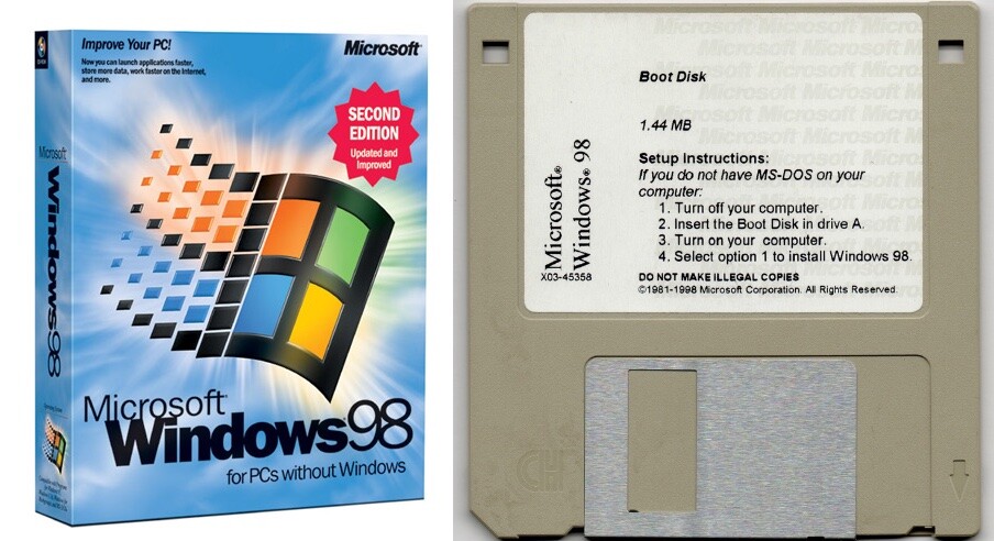 Caixa e disquete de boot do Windows 98
