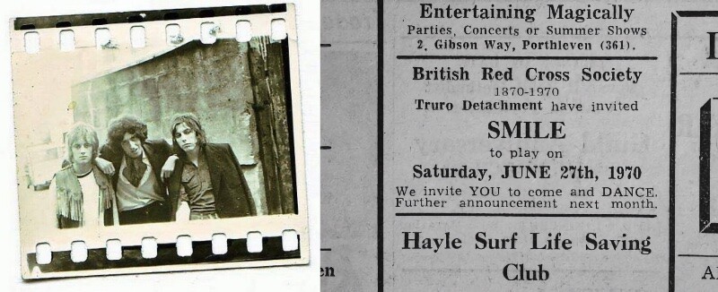 Foto de 3 dos integrantes na ocasião, e anúncio classificado de jornal avisando sobre o show, e mencionando o nome da banda anterior de Brian May.