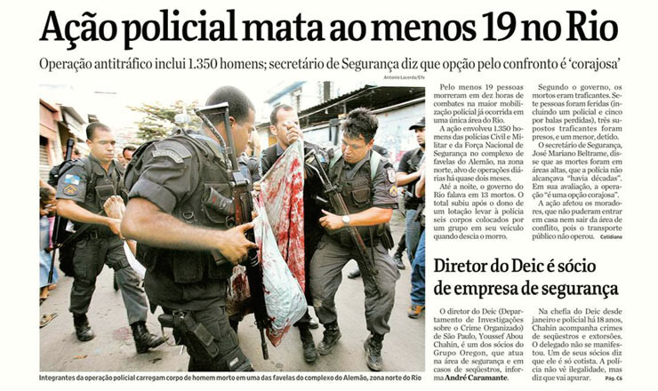 Matéria de capa da Folha com o título “Ação policial mata ao menos 19 no Rio“