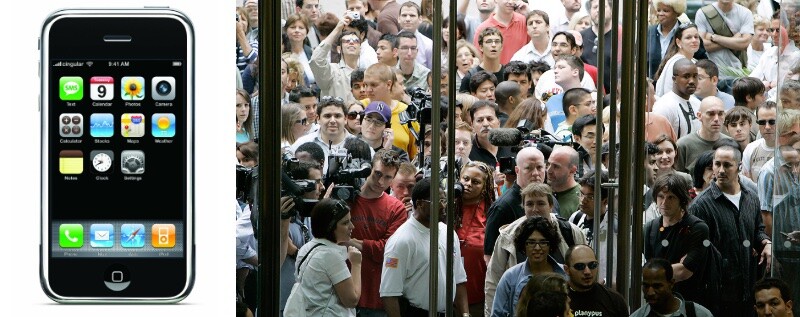 O primeiro iPhone, e a aglomeração esperando para entrar na loja no primeiro dia.